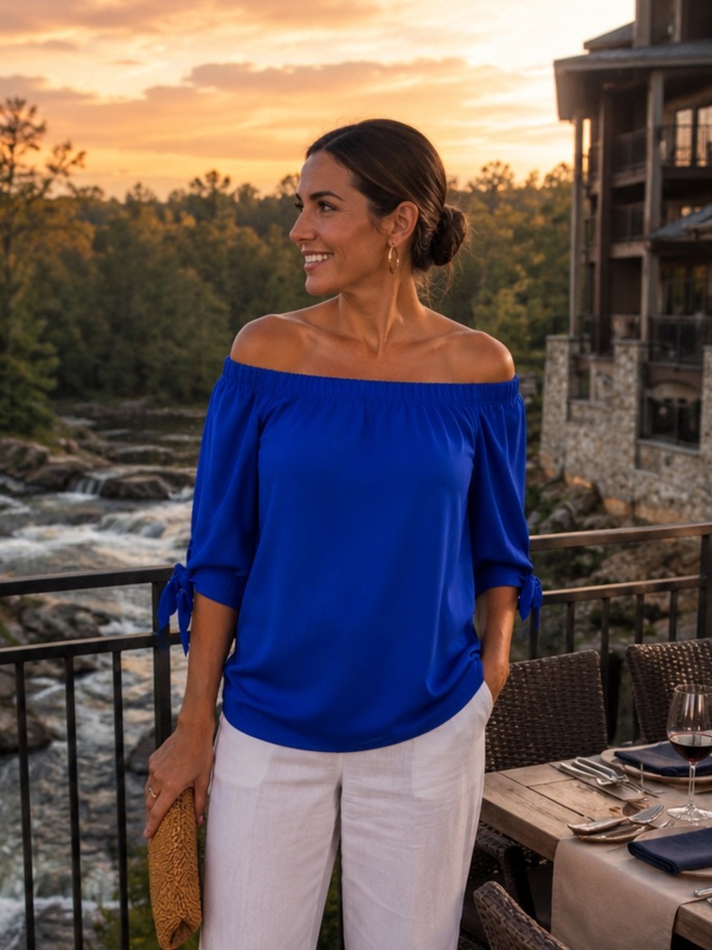 Chico's Off Shoulder Tie Sleeve Blouse Artisan‎ Sapphire Blue 3/4 Sleeve 2 L 12